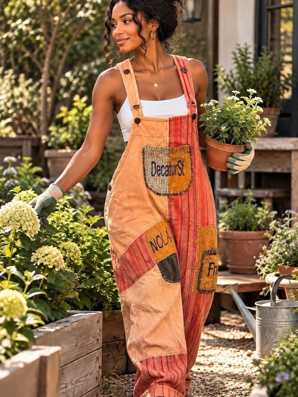 Rising International Patchwork Overalls Striped Cotton Orange & Red 2X